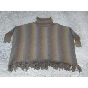Sisters Sweater Womens L XL Brown Gray Striped Turtleneck Fringe Poncho Boho‎